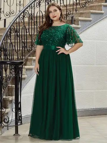 Elegant Evening Dresses O-Neck Sequin Tulle Print Floor Length 2023 New Ever Pretty of Sleeve Plus size Prom Dress for women