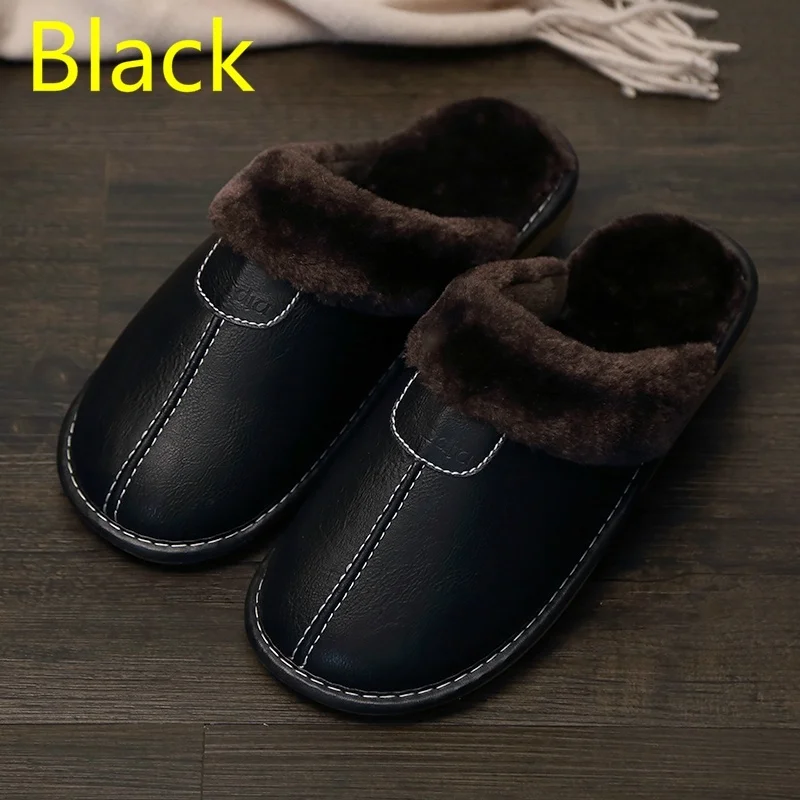 New Men's Slippers Ladies PU Leather Slippers Warm Indoor Slippers Waterproof Home Shoes Warm Leather Slippers house slippers