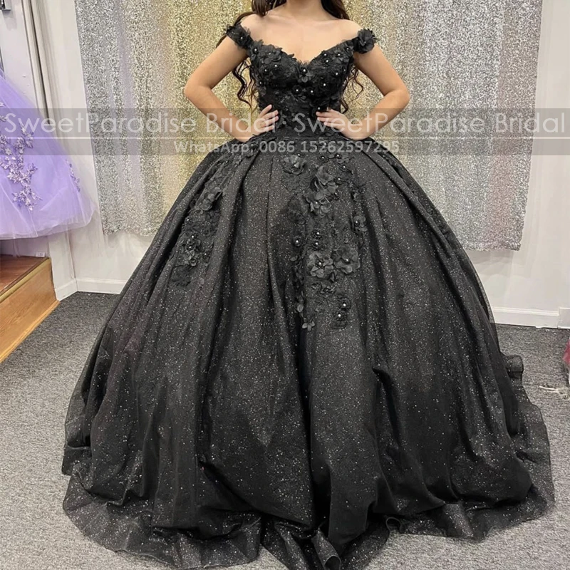 

Bling Sequins Floral Appliques Quinceanera Dresses Fluffy Ball Gown Off Shoulder Long Black Tulle Sweet 16 Dress Pageant