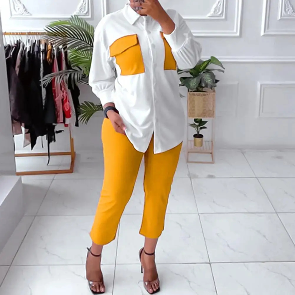 

2 Pcs/Set Beautiful Blouse Trousers Suit Plus Size Ninth Pants Women Shirt Pants Set Soft Lapel Lady Outfit Set