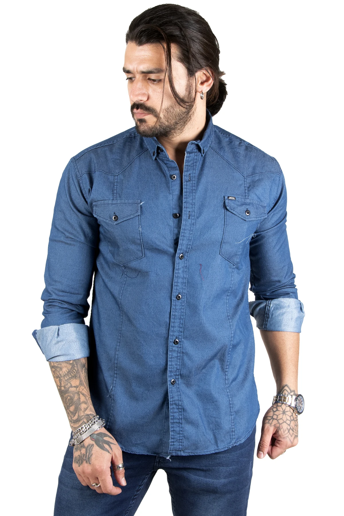 DeepSEA narrow cut lycra pocket cap buttoned long sleeve men's denim shirt 2201916