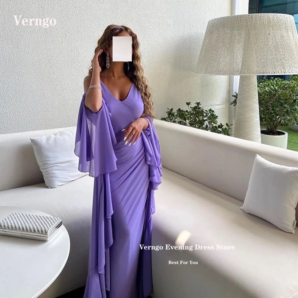 

Verngo Elegant Purple Saudi Arabic Women Formal Evening Dresses V Neck Pleats Sleeves Long Simple Prom Gowns Party Occasion