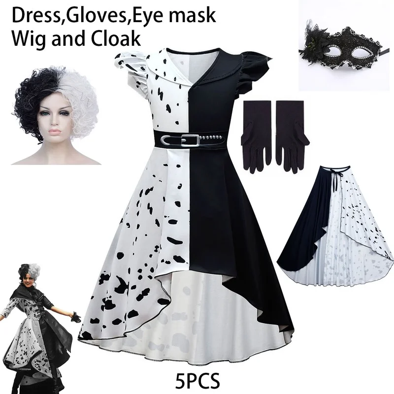 

2022 Movie Halloween Costumes for Kids Girls Clothes Cos Cruella De Vil Cosplay Fancy Black White Maid Princess Dresses Outfits