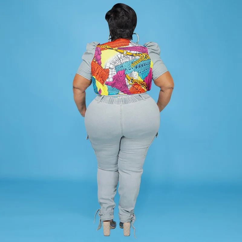 Plus Size Sets Denim Two Piece Set Puff Sleeve Patchwork Crop Top and Jeans Matching Suit Wholesale Item 3xl 4xl 5xl 6xl