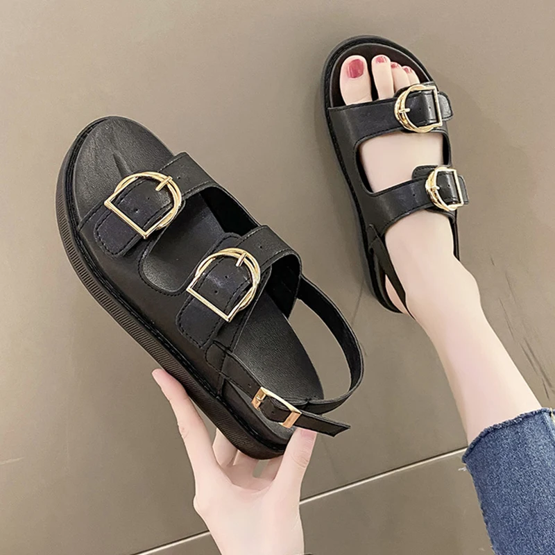 

Женские сандалии без каблука, универсальные туфли на среднем каблуке, без каблука, с пряжкой из ПУ-резины, лето 2022