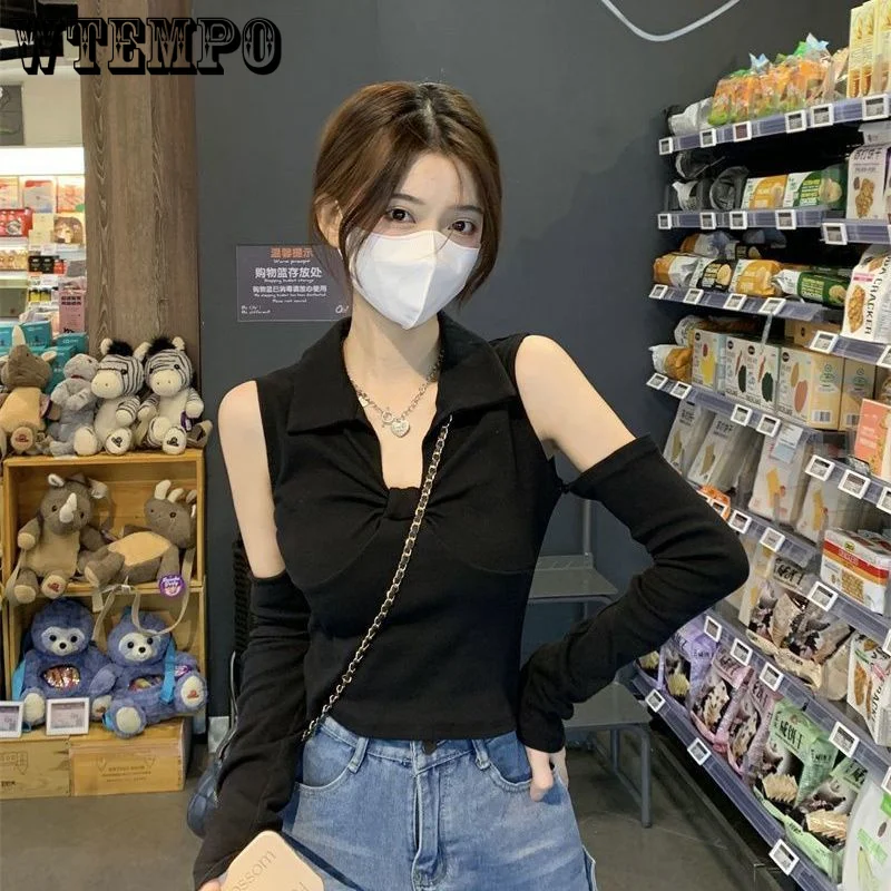 

Женский топ с открытыми плечами, футболка с длинным рукавом и воротником-поло