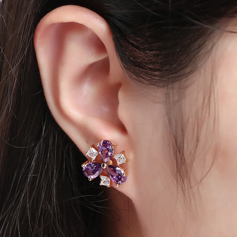 Женские серьги-гвоздики с трехлепестками серьги золотого цвета фиолетовым