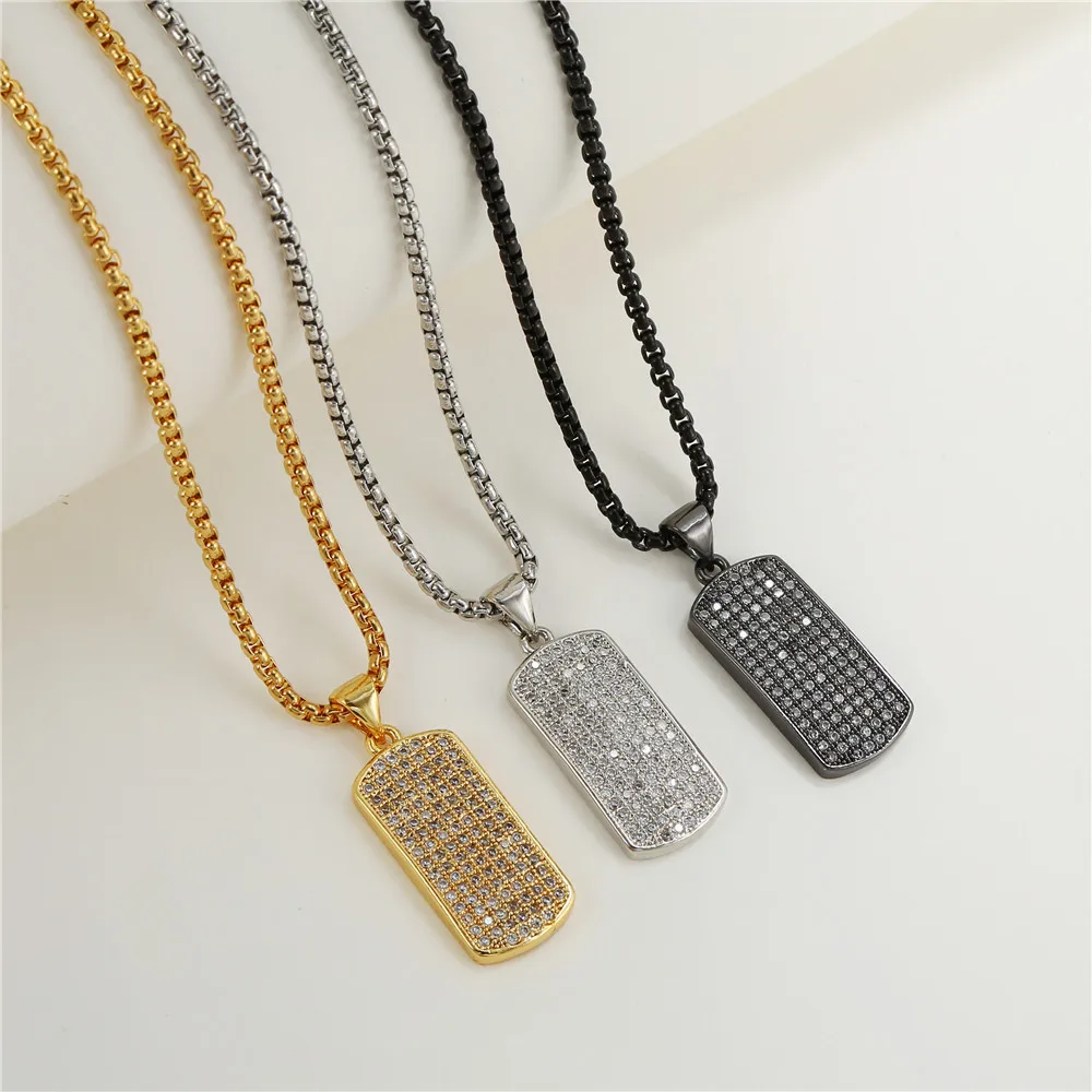 

European and American personality stainless steel chain pendant trend hip-hop retro men's copper inlaid zircon metal tag necklac