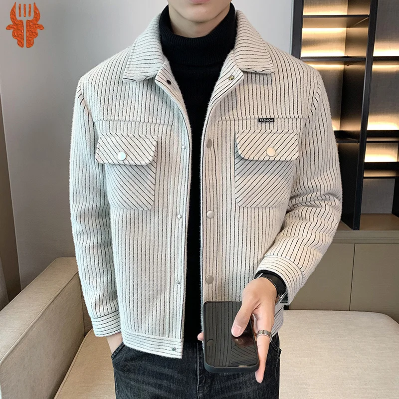 

Winter Superior Quality Wool Blends Jackets Men Korean Striped Casual Trench Coats Slim Social Windbreaker Streetwear Overcoat