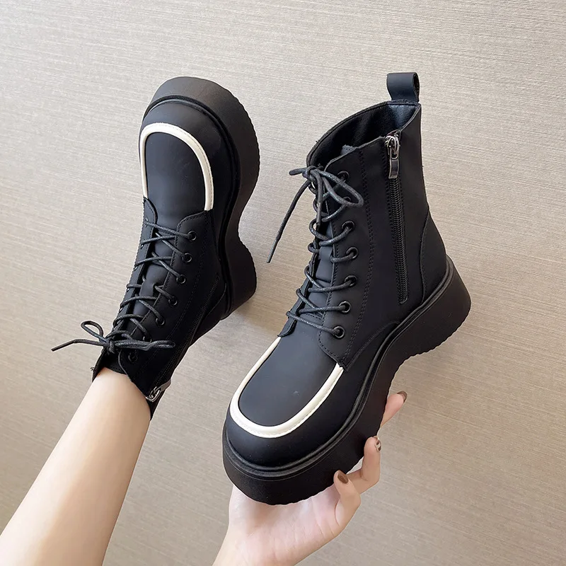 Women's Boots Thick-soled Short  Autumn New Lace-up  Shoes Single  Plus Velvet Soft-soled