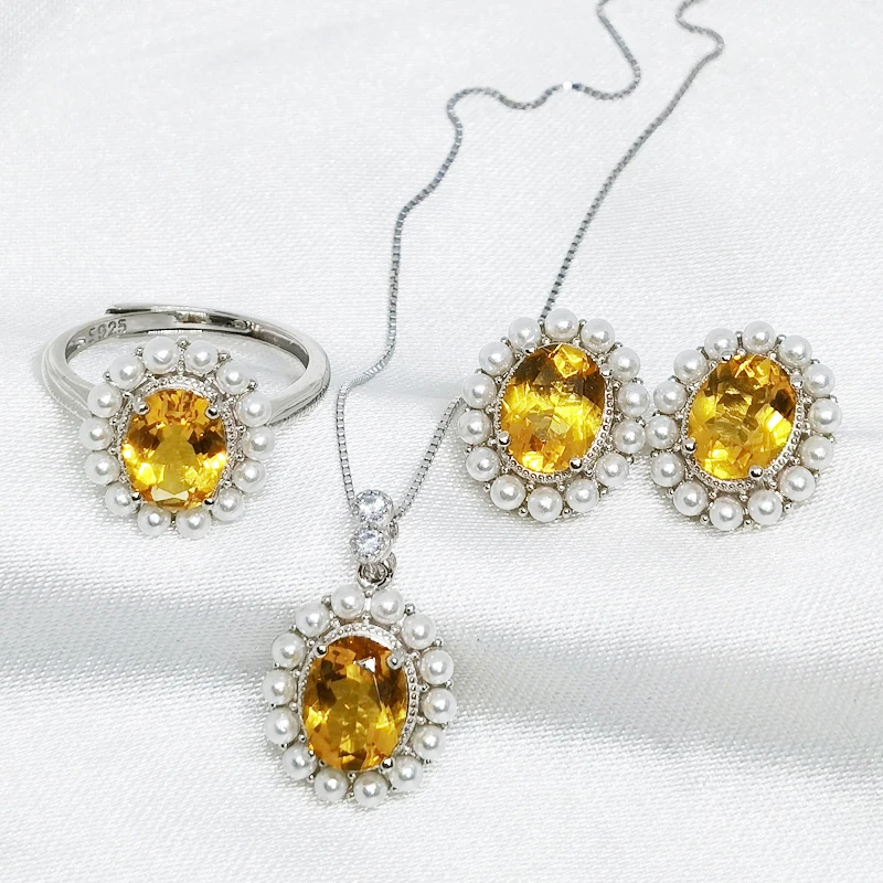 

MeiBaPJ Luxurious Citrine Jewelry Set 925 Silver Necklace Earrings Ring Three-piece Suite Wedding Jewelry for Women