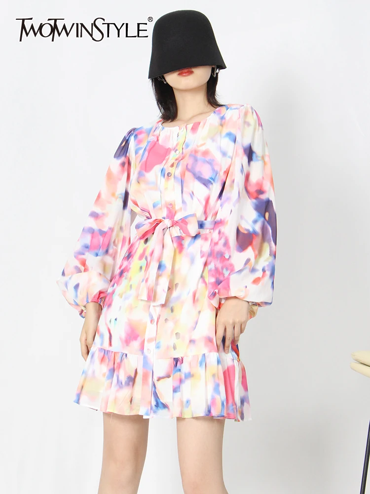

TWOTWINSTYLE Spring Mini Dress For Women Round Neck Lantern Sleeve High Waist Print Colorblock Dresses Female Spring Clothes New