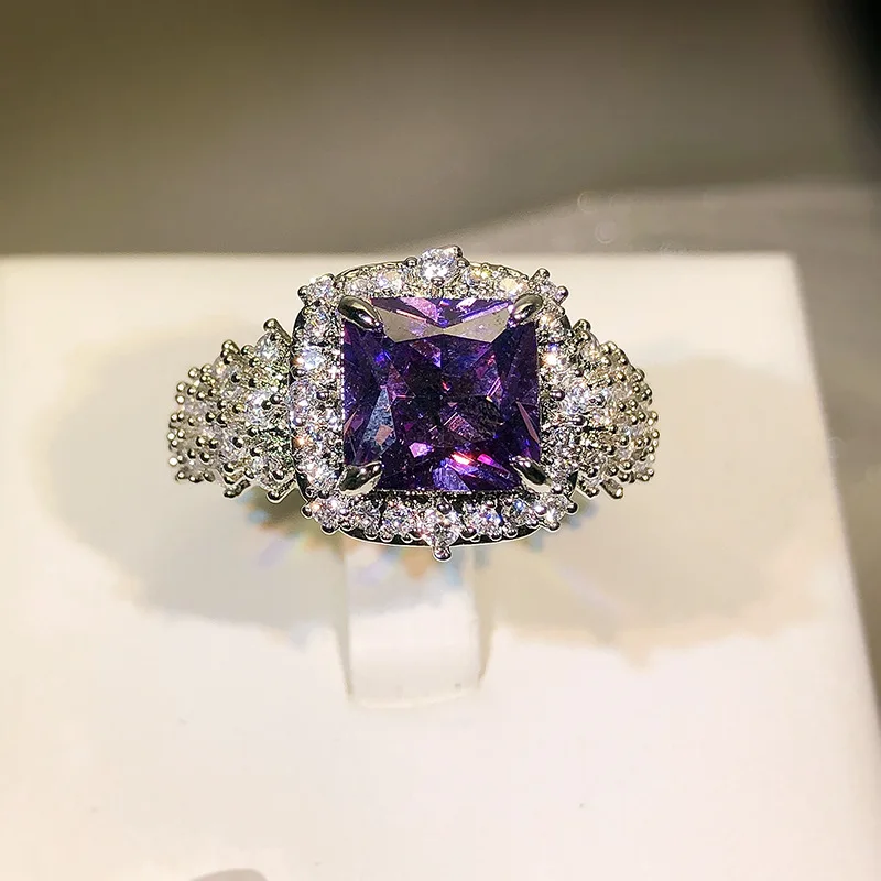 925 silver colorful gemstone ring women's light luxury high-end super flash purple zircon bright full of diamonds jewelry gift