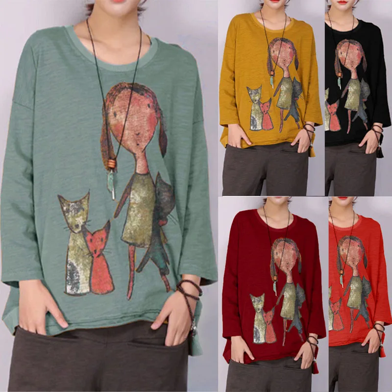 

Casual Streetwear Fashion Ladies Round Neck Tops Autumn Long Sleeve Shirt Women Girl Animal Cat Print T Shirts Clothes
