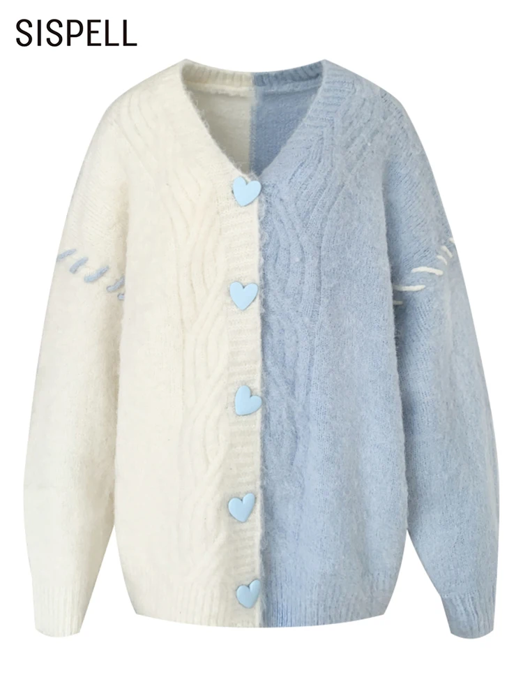 

SISPELL Hit Color Sweaters For Women V Neck Long Sleeve Knitting Patchwork Single Breasted Casual Loose Sweater Female Autumn