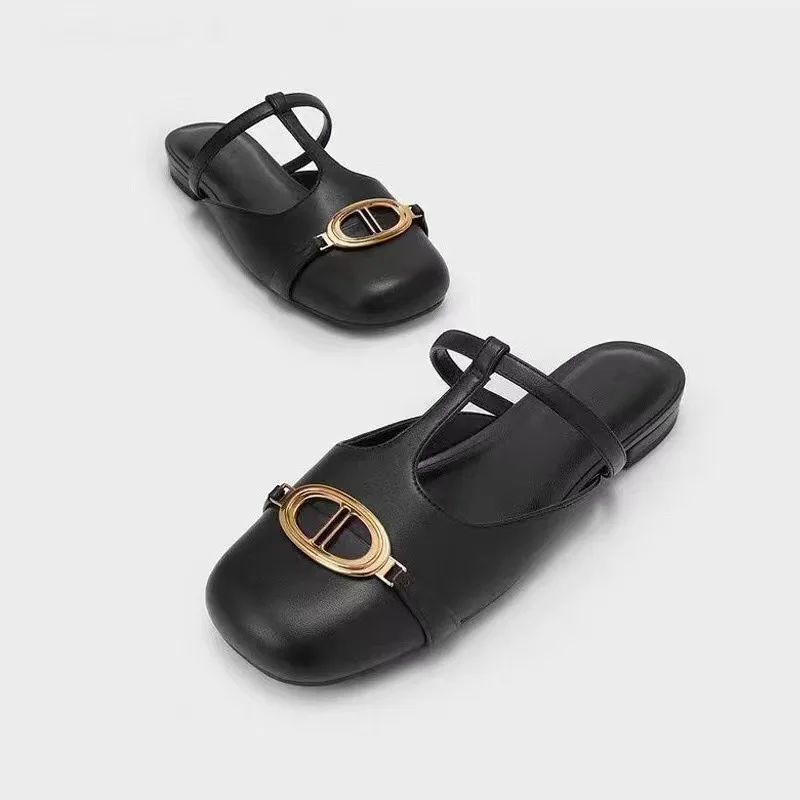 

Za Summer Metal Buckle Spliced Small Fragrant Low Heel Muller Shoes Women's T-shaped Strap Wrapped Lazy Half Slippers