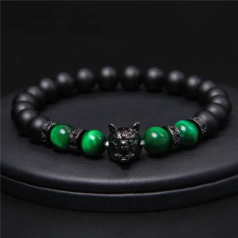 

New Handmade Beaded Bracelet Men's Natural Gemstone Blue Tiger Eye Beaded Bracelet Black Wolf Headdress Energy Bracelet Jewelry