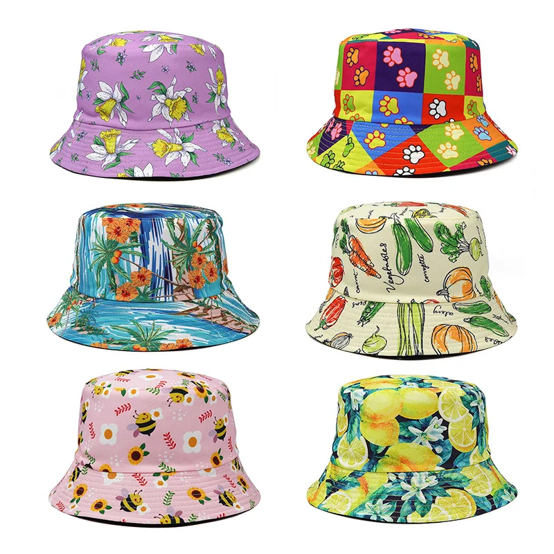 

2022 Fashion Double Sided Fisherman Hat Basin Hat Female Flower Fruit Pattern Sun Hat Foreign Trade Hat Spring Trendy Sun Hat