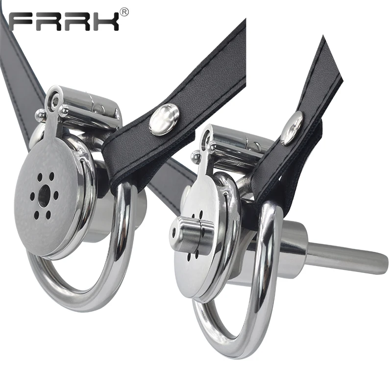 

FRRK PU Chastity Fun Belt Harness with Flat Cock Cage Device 40mm 45mm 50mm 53mm Curve Penis Rings BDSM Toys Intimate Products