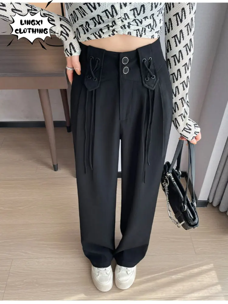 Light Blue Drawstring Narrow Wide Leg Straight Suit Trousers High Waist Drape Summer Professional Women Sweatpants Korean Style