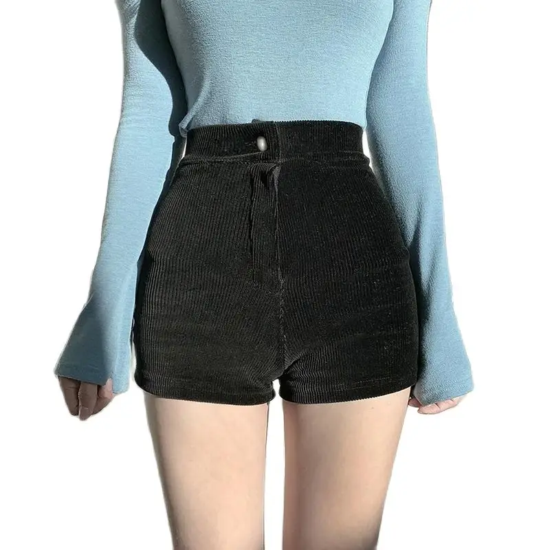 

Black Corduroy Shorts Women's Elastic High Waist Tight Boots Short Feminino