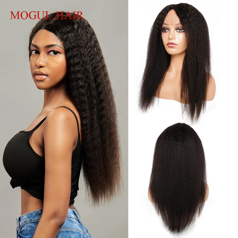 

13x4x1 T Lace Frontal Human Hair Wig Middle Part Yaki Straight Natural Black 10-28 inch Kinky Straight Remy Human Hair MogulHair