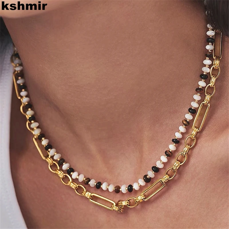 

kshmir 2022 New natural tiger eye stone handmade beaded necklace gold clavicle chain necklace for women