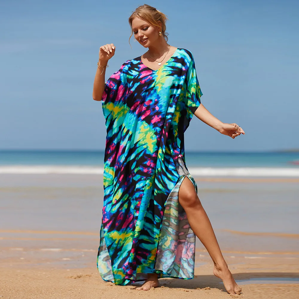 

Bohemian Maxi Dress Kaftan Long Bathing Suits Holiday Beachwear Floral Printed Women V neckTunic for Beach Robe Plage Sarong