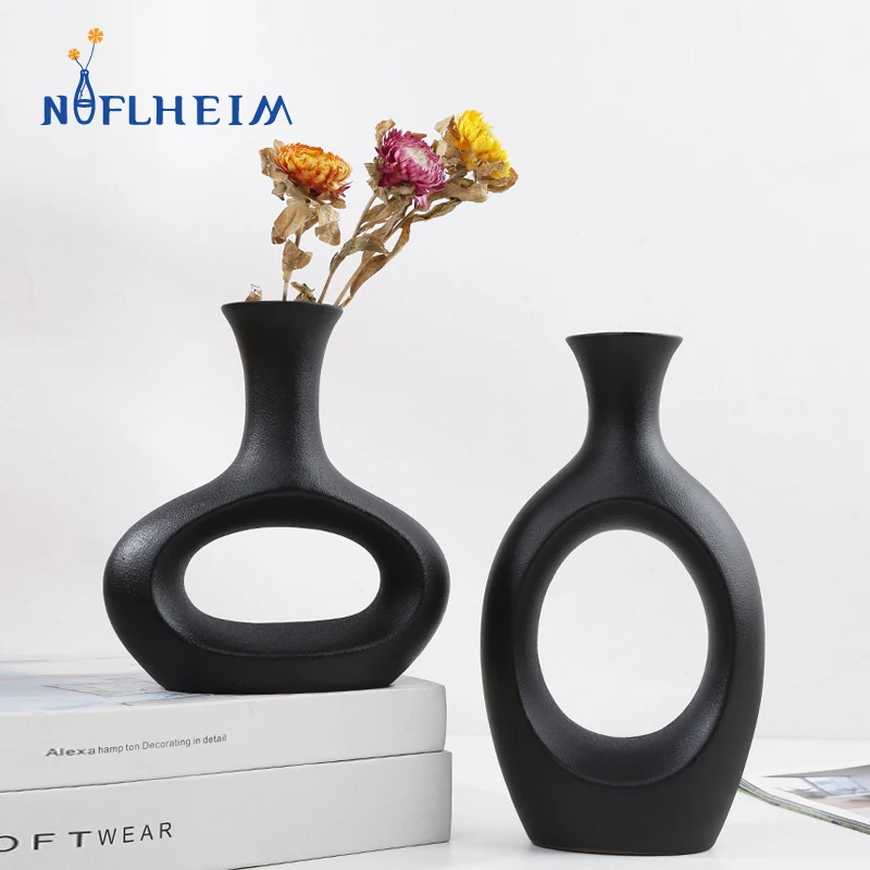 NIFLHEIM Ceramic Abstract Black Vase Nordic Hollow Out Flower Vase Decoration Home Design Living Room Bedroom Decor Accessories