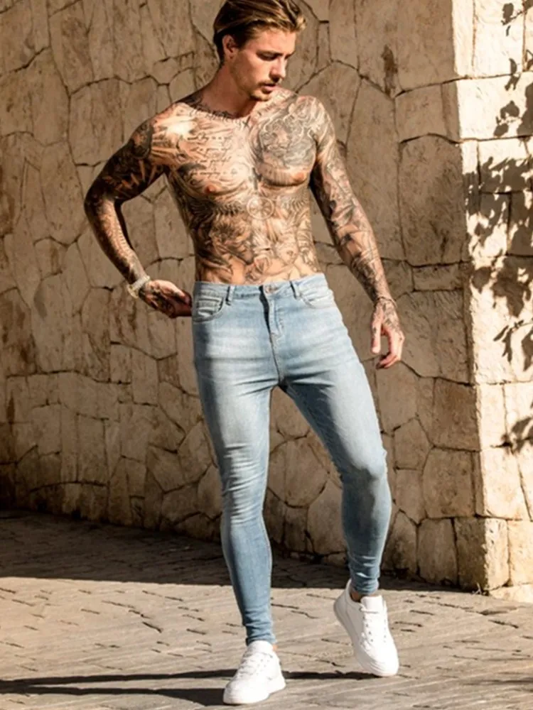 

Men Elastic Skinny Jeans Stretch Pencil Pants Streetwear Mens Blue Black Denim Jeans Jogging Cowboy Trousers 2022 Solid Color