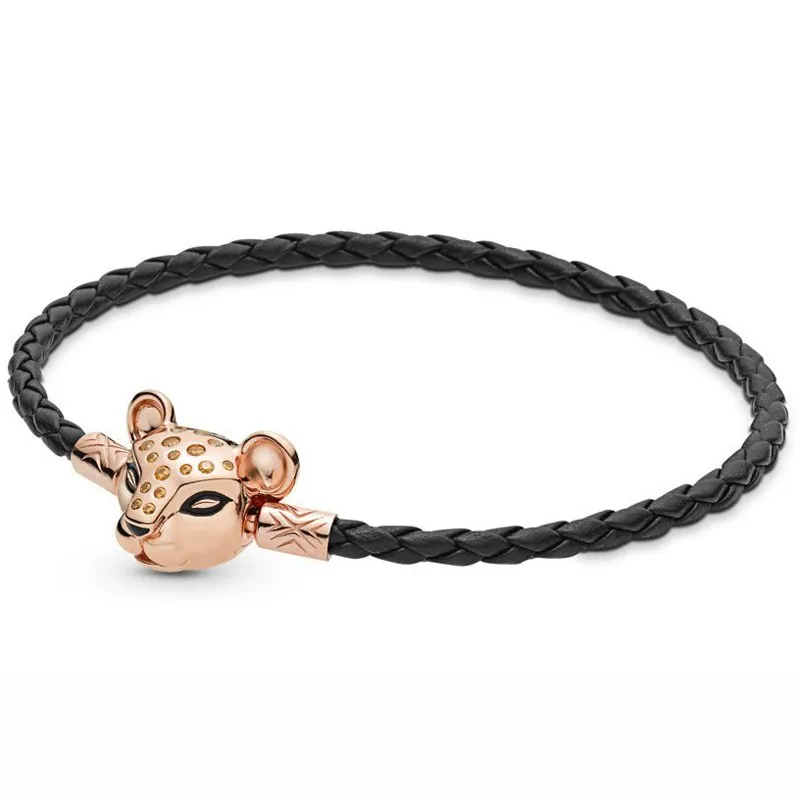 

Authentic 925 Sterling Silver Moments Black Leather With Rose Lioness Clasp Bracelet Bangle Fit Bead Charm Diy Fashion Jewelry