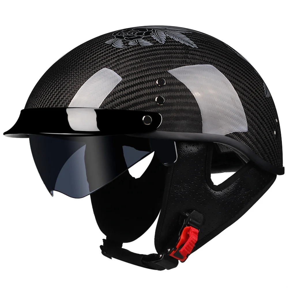 Handmade Half Face Helmet Motorcycle Chopper Bobber Style Carbon Fiber Material Casque Moto Open Face Hidden Sun Lens Casco Moto