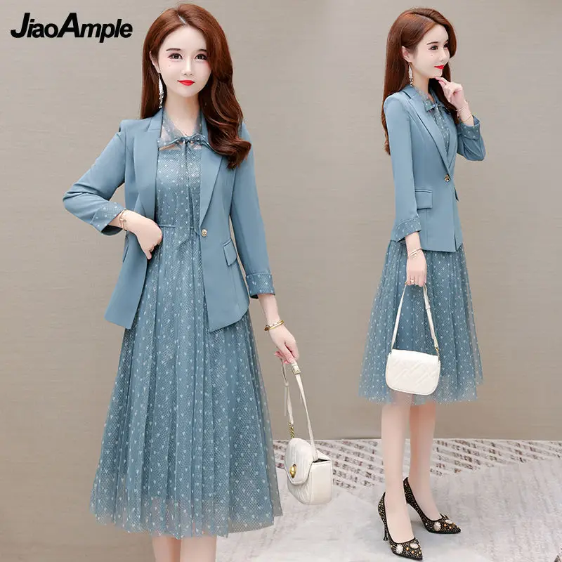 

Women's Suit Jacket Chiffon Floral Dress Two-piece 2022 New Elegant Blazers Coat Mesh Skirt Set Korean Fashion Professional Wear