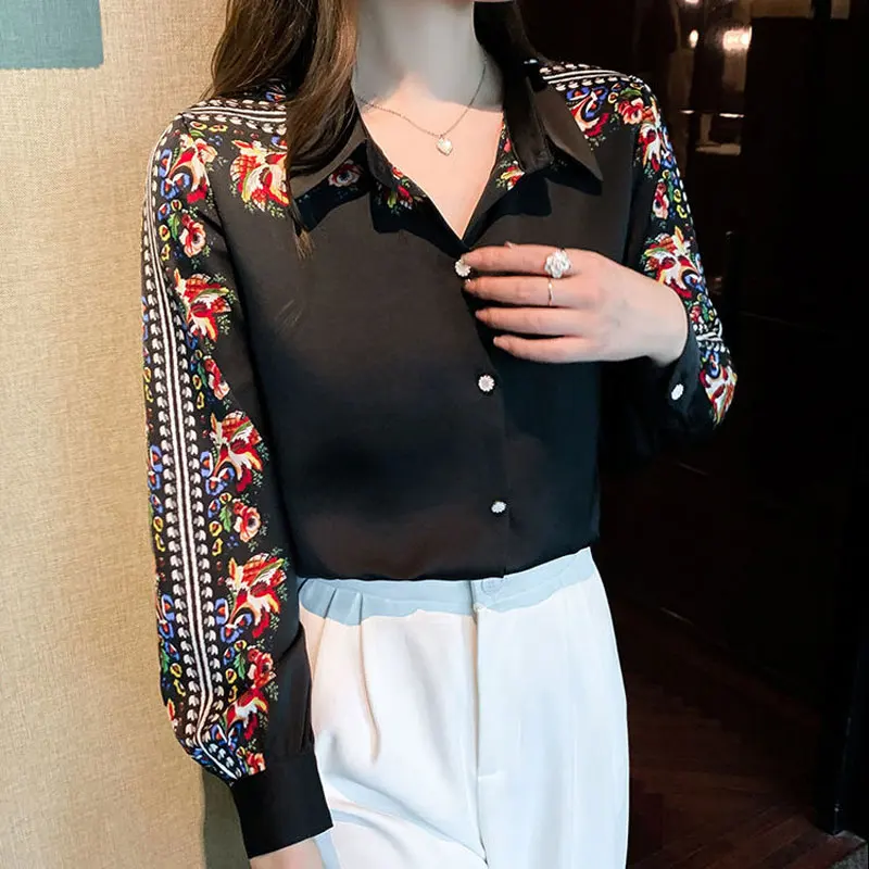 

Office Lady Vintage Floral Printed Folk Blouse Spring Autumn Fashion Single-breasted Women's Clothing Polo-Neck Straight Shirt