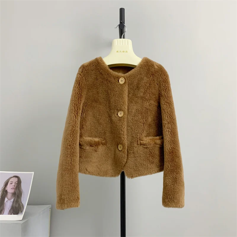 genuine Extremely 100% simple round neck grain sheep shearing composite one piece short fur young lamb wool coat winter