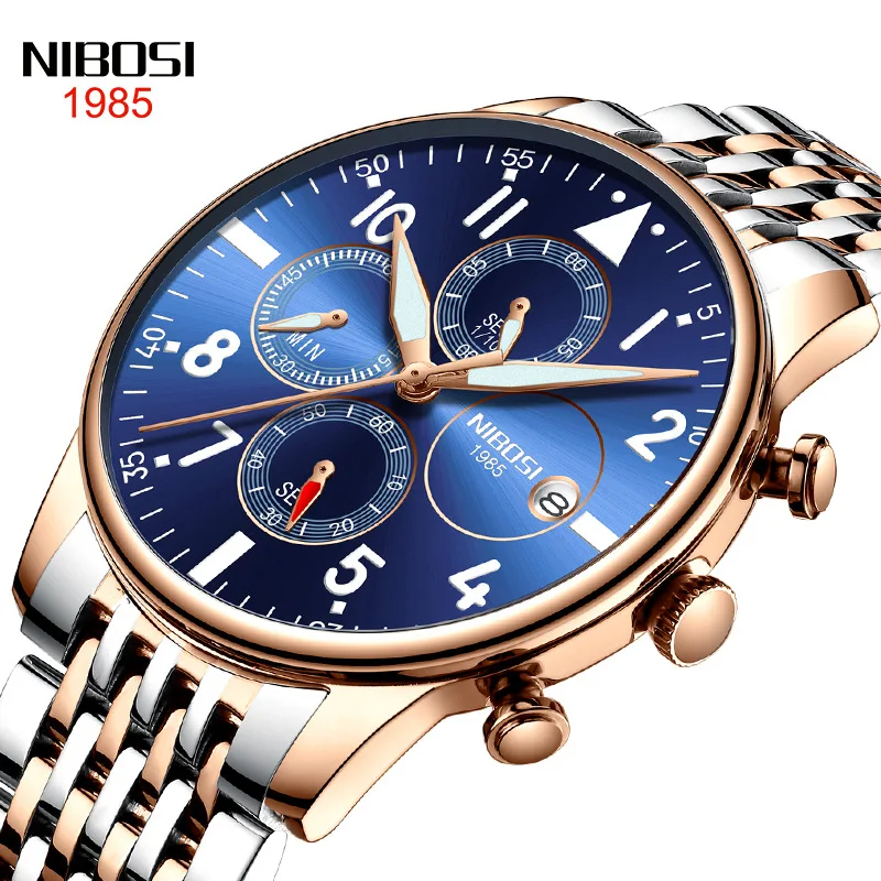 Часы наручные NIBOSI Мужские кварцевые, модные брендовые Роскошные водонепроницаемые с хронографом