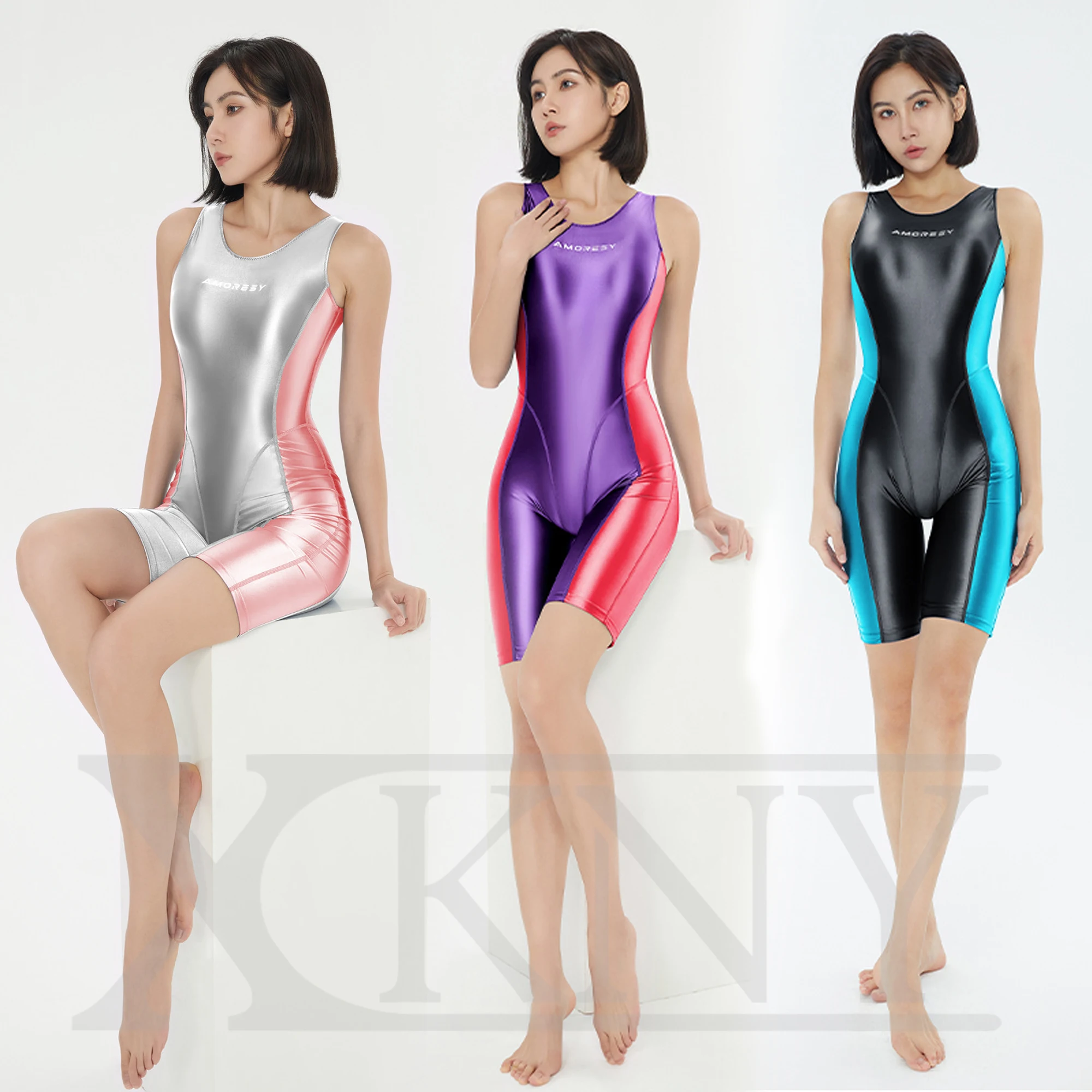 

XCKNY satin smooth glossy One-piece swimsuit color matching tights Silky casual running Yoga Vest cropped jumpsuit glossy pants