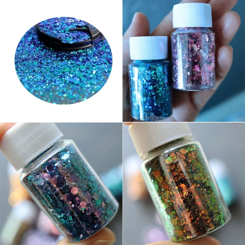 

R3MC 9 Colors Chameleon Chunky Glitter Mixed Opal Holographic Ultra Fine Glitter Powder Hexagon Sequins for Resin Nail Art