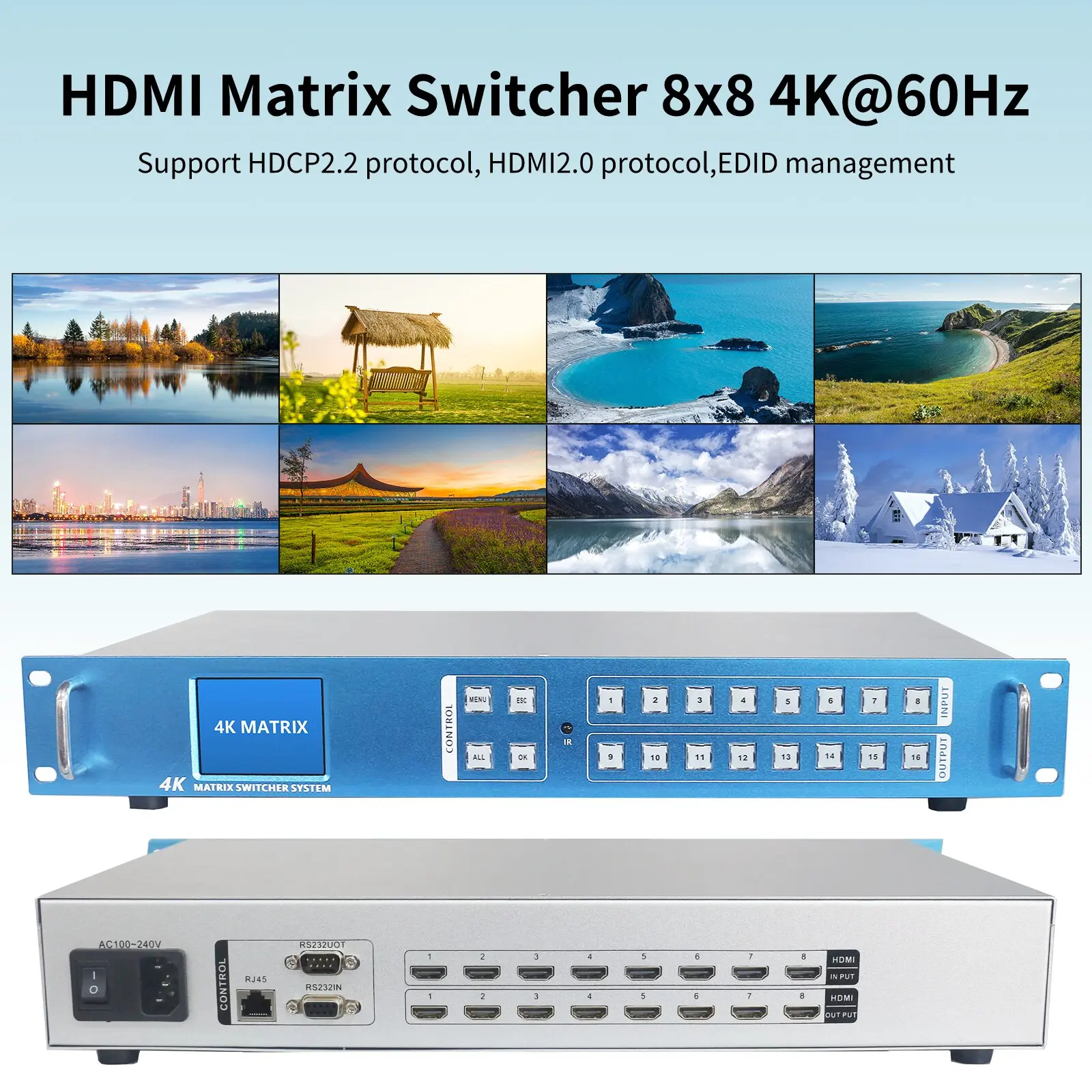HDMI Matrix Switcher 8x8 4K60Hz Professional Rack HDMI Matrix Switch Splitter Support HDCP2.2(HDMI2.0)/EDID/RS232/TCP/IP Control