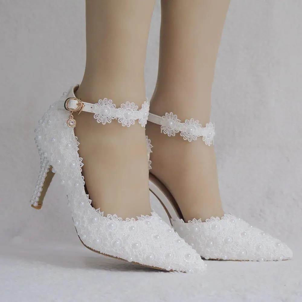 

White Lace Flower Wedding Shoes Slip on Pointed Toe Bridal High Heel Shoes Women Pumps Shallow Pointed Toe 8cm