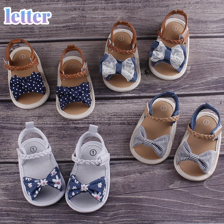 

Toddlers Girls Crib Shoes Newborn Infant Baby Cute Bowknot Soft Sole Prewalker Sandals Strip Dot Denim Priness Shoes