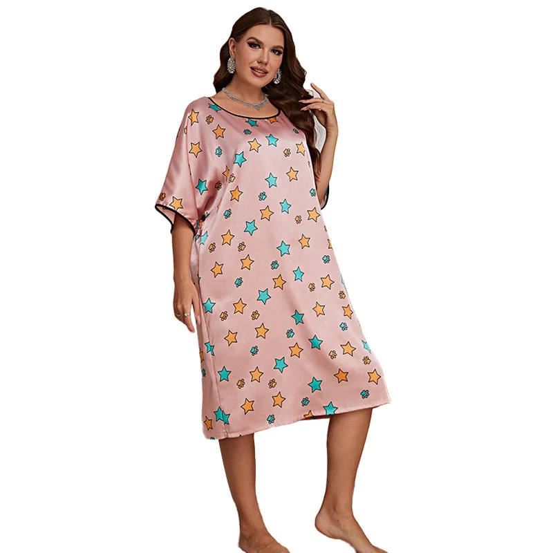 Ice Silk Nightdress Mid-length Printed Skirt Plus Size Women's Dress Summer New Home Pajamas Sleepwear