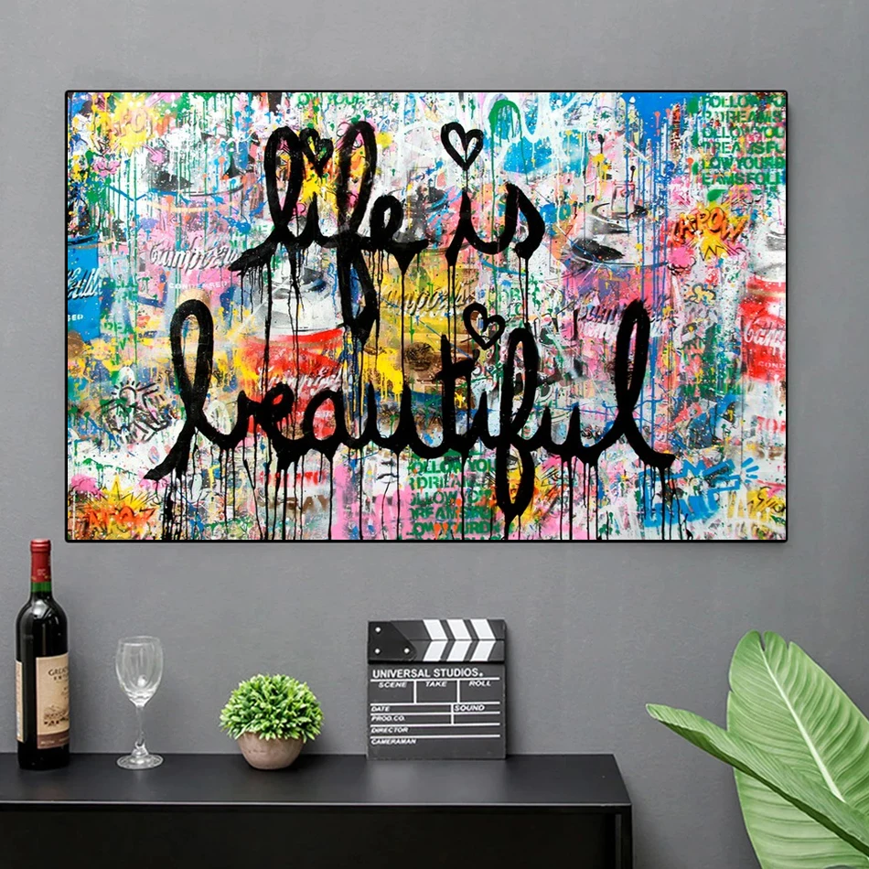 

Life is Beautiful Canvas Painting Graffiti Wall Art Street Art Posters and Prints Inspirational Artwork Living Room Home Decor
