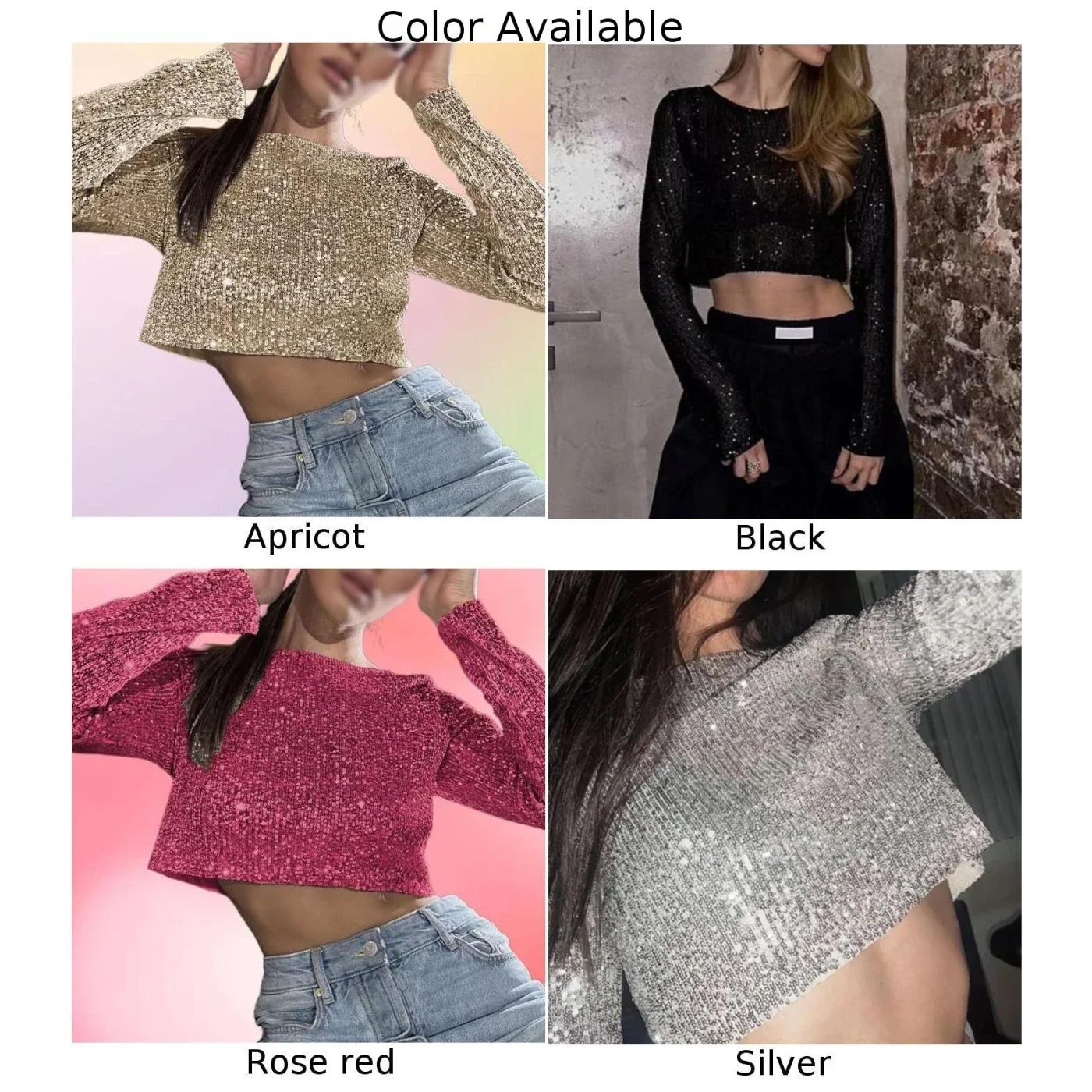 Женский Блестящий укороченный топ с блестками Сексуальная футболка длинным