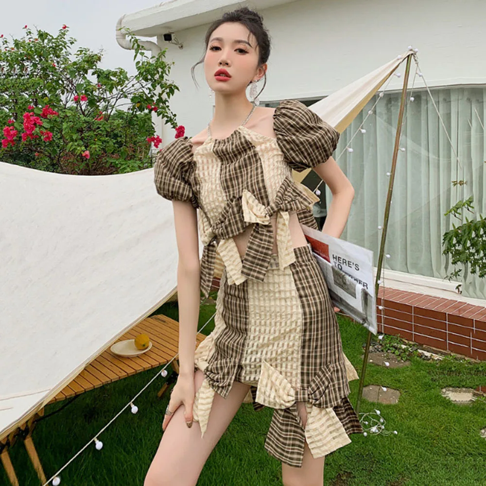 

Fashion Summer 2 Piece Sets Womens Outifits Plaid Puff Sleeve Crop Top And Mini Skirt Womens 2022 Bow Kawaii Cute Skirt Clothing