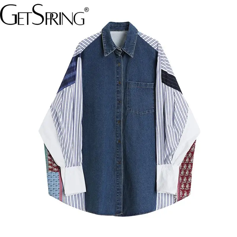 

GetSpring Women Shirt Fashion Fake Two Printed Patchwork Ladies Blouse Fashion Loose Leisure Long Female Tops Spring Autumn 2022