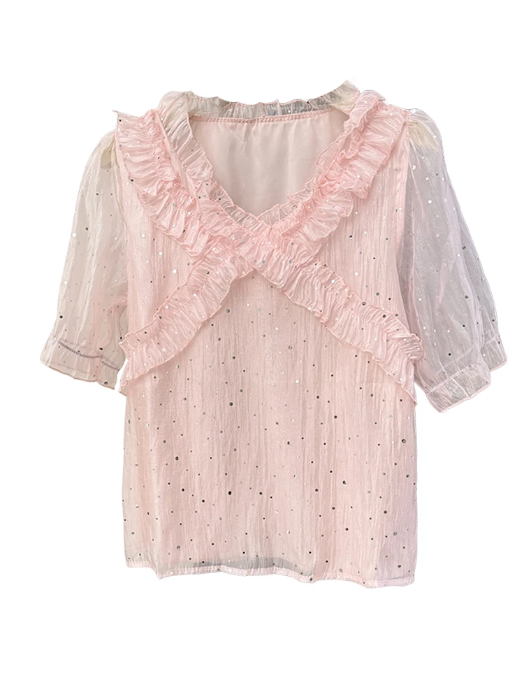 ight женская милая блестящая лоскутная кружевная рубашка с v-образным вырезом и