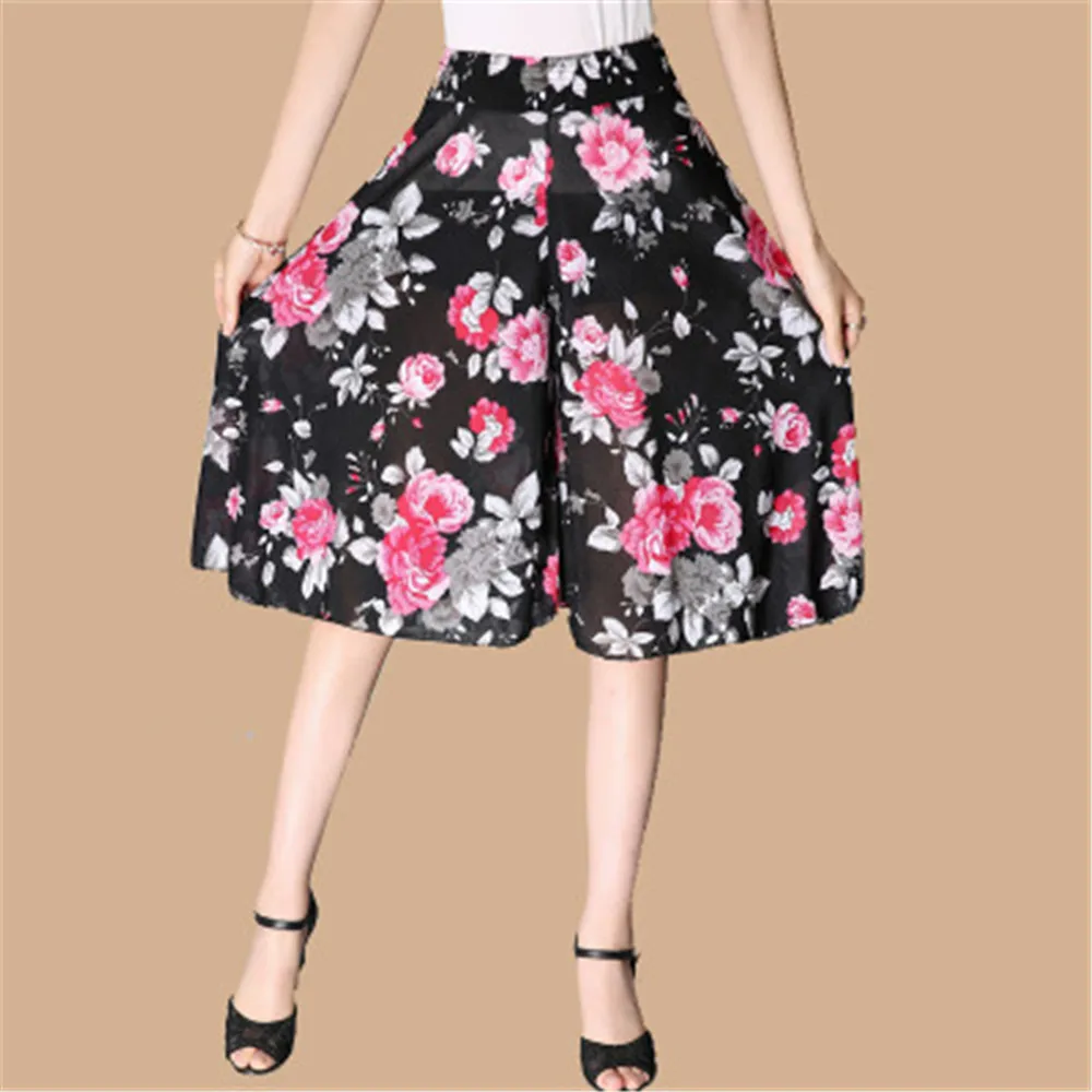 [LTD For New Store]summer Casual Loose Chiffon Elastic Waist Wide Leg Knee Length Skirt Pants Female Lady High Waist Woman Pants