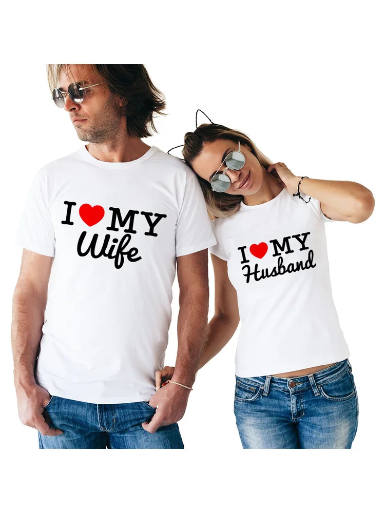 

2022 New Hot Summer Cool Matching Couple T Shirts I Love My Wife& I Love My Husband Letter Print Lover Outfits for Him and Her