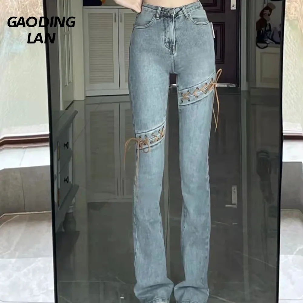 

Summer High Street Micro Horn Split Embroidery Women Jeans Bandage High Waist Slim Denim Straight Pants Female Slim Long Pants